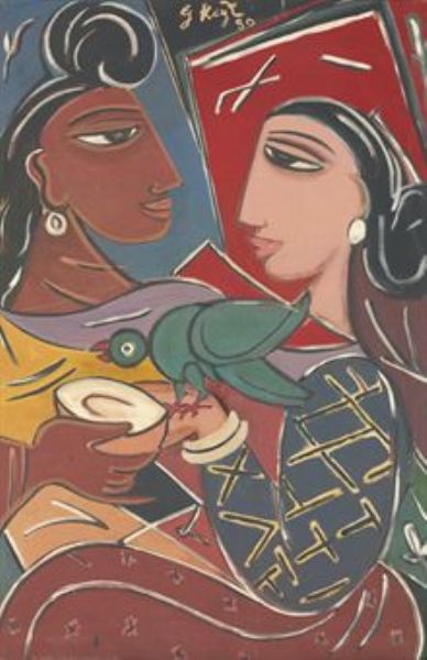 Untitled (Radha and Krishna with Parrot) by George Keyt artist at ...