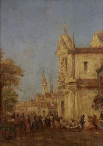 ANIMATION DEVANT UNE EGLISE DE VENISE. by Felix Francois Georges ...