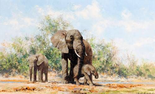 Cow Elephant and Calves by David Shepherd artist at Bonhams auction ...