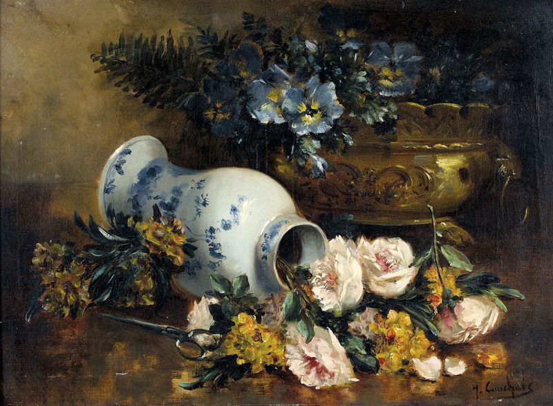 Stillleben mit gestürzter Porzellanvase und Blumen. by Eugène Henri ...