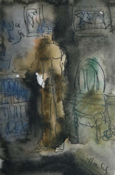 MALE NUDE IN LIBRARY by Kenneth Hall artist at De Veres Art auction