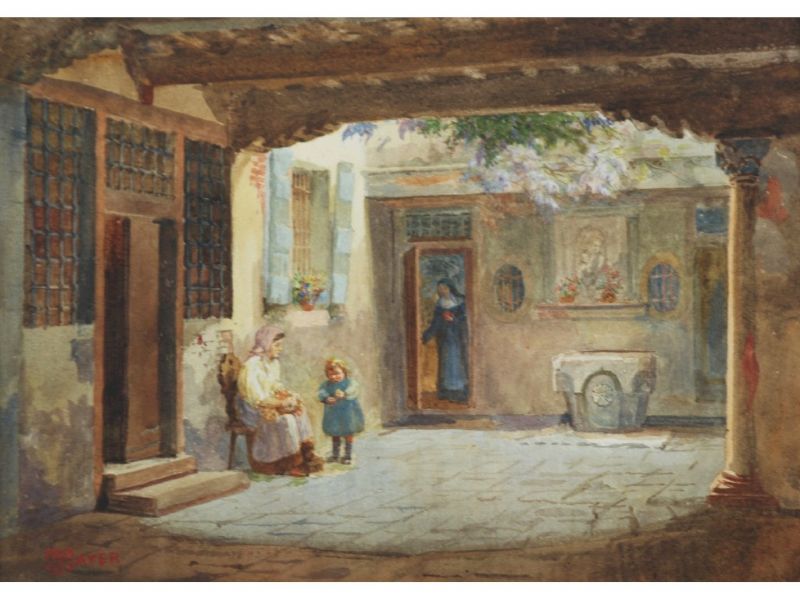 Courtyard scene with figures by R S Mayer artist at Capes Dunn auction ...