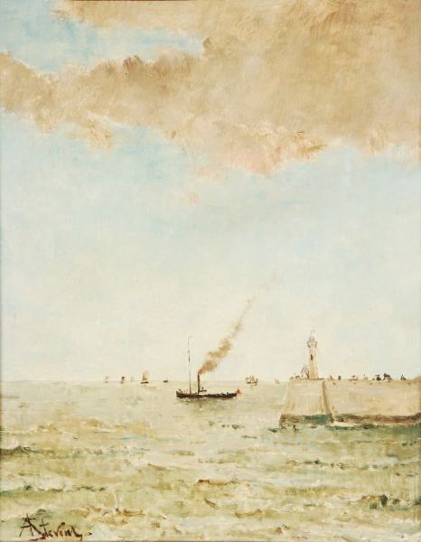 Sailing off the coast; Passing the harbour wall by Alfred Emile Léopold ...