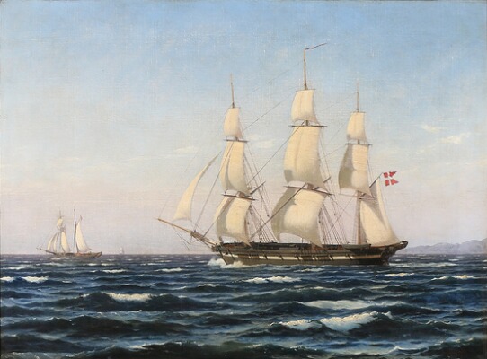 A three-masted sailing ship with the danish flag by Carl Dahl artist at ...