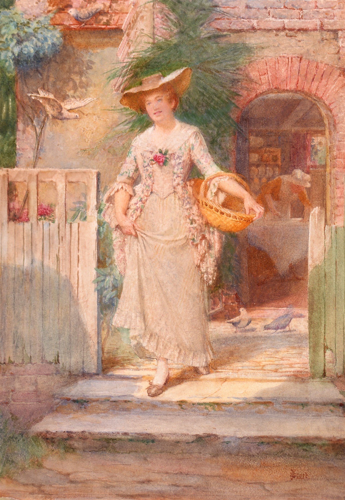 A young woman and three doves at the door of a cottage