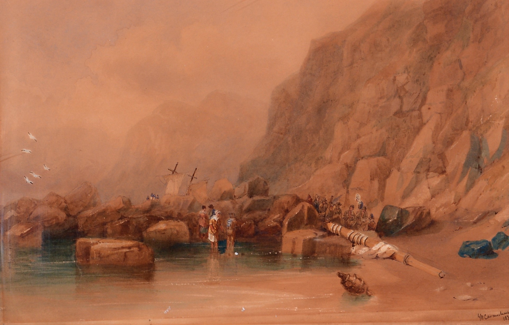 Figures salvaging wreckage on a beach