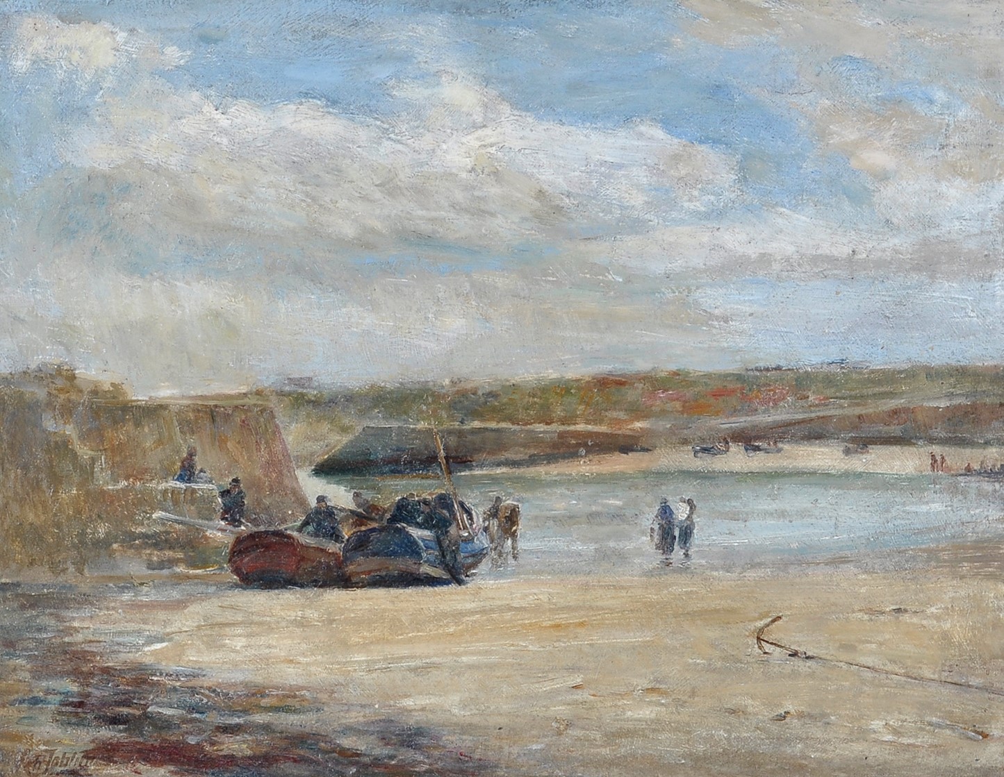 Cobles and fisherfolk on the beach at Cullercoats