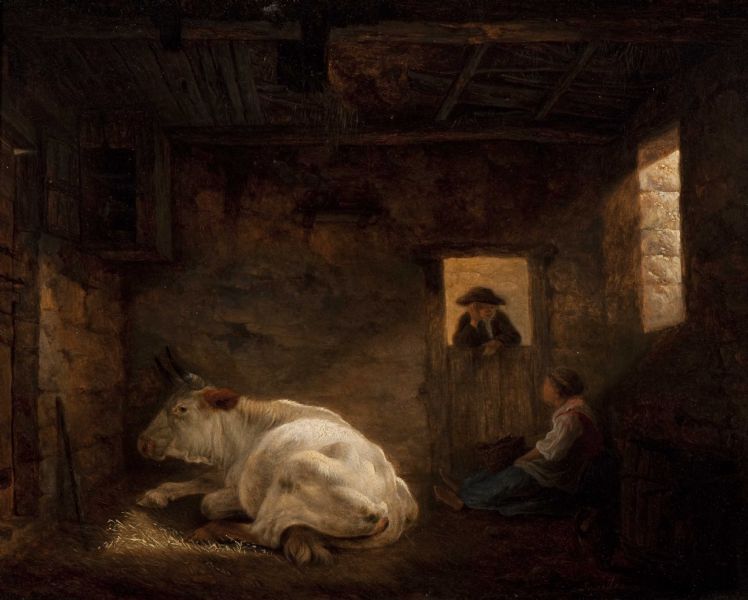 een-koe-rustend-in-de-stal-met-een-boer-converserend-met-een-melkmeisje-bij-de-deur