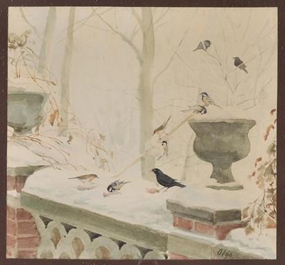 birds-in-a-snowy-garden-with-stone-and-brick-balustrade-and-urns