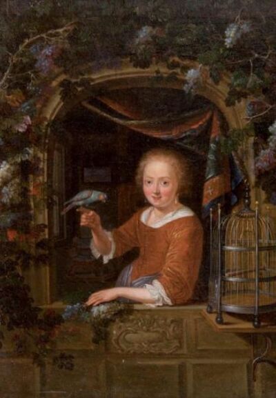 jeune-fille-a-la-fenetre-tenant-un-perroquet