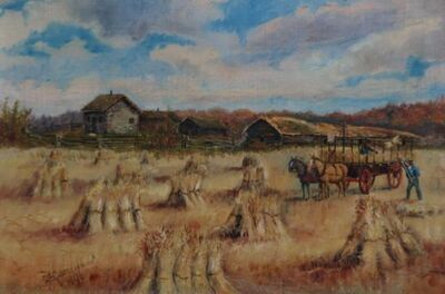 harvesting-farming-scene-with-figures-horsedrawn-cart-and-dwellings