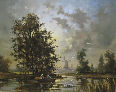figures-in-a-rowing-boat-with-a-windmill-beyond